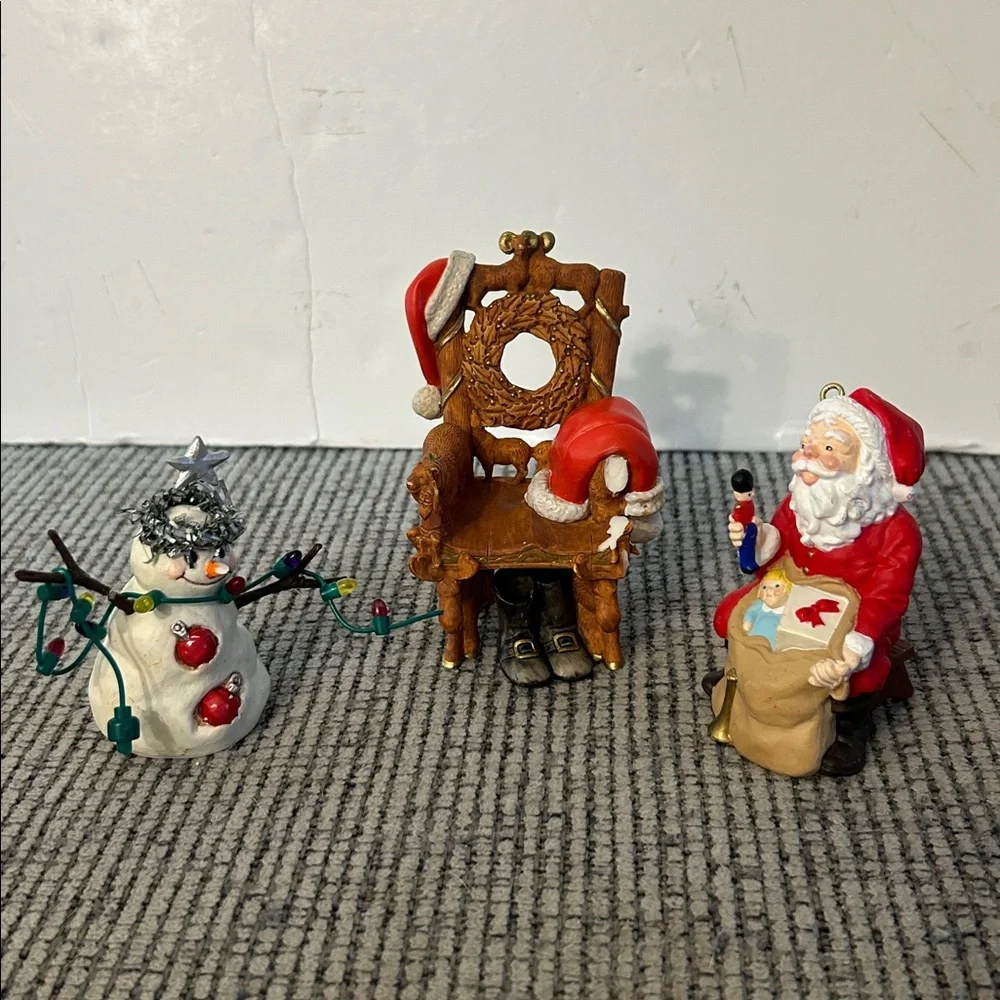 Hallmark Christmas tree ornament trio: 1991 Santa, 2000 chair, 2001 snowman